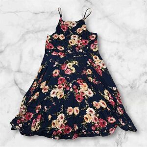 Francesca’s Collection Navy Blue Floral Dress Pink Sleeveless Large Made in USA